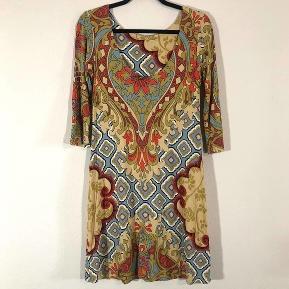 Joyous & Free Paisley Beaded 3/4 Sleeve Scoop Back Stretch Knit Shift Dress XS - Picture 8 of 14